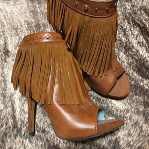 Miranda Lambert Fringed Open-Toe High Heel Booties